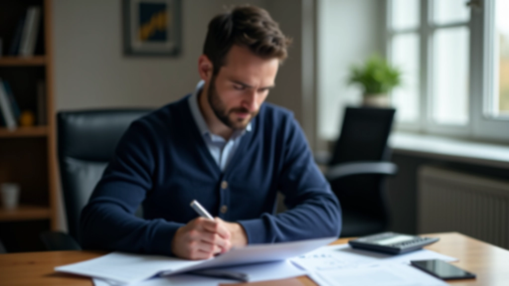 Analyst at desk comparing company financial metrics and valuation charts side by side on notebook
