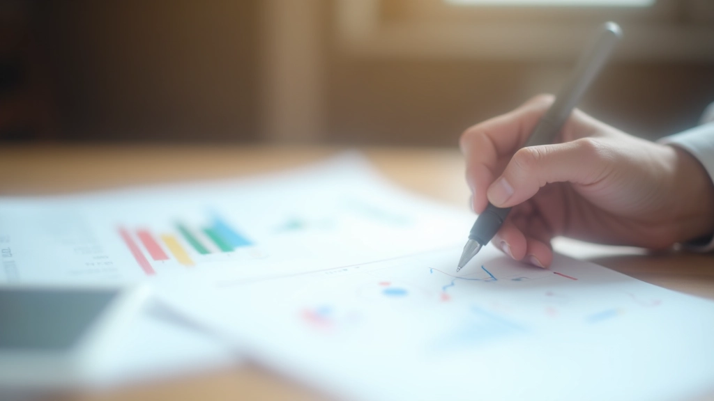 Close-up of financial documents showing company metrics, graphs and valuation data with pen marking notes
