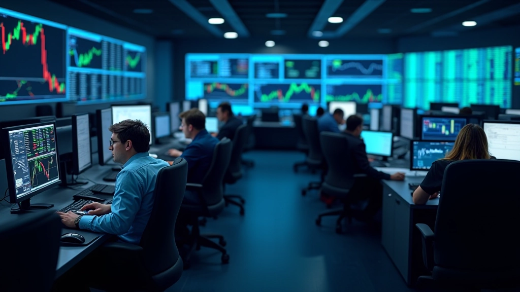 Modern financial services office with traders at desks, multiple monitors displaying market data and trading platforms, professional environment