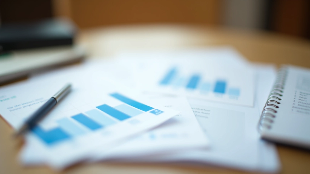 Annual report documents spread on desk with analysis notes and financial statements highlighting key figures